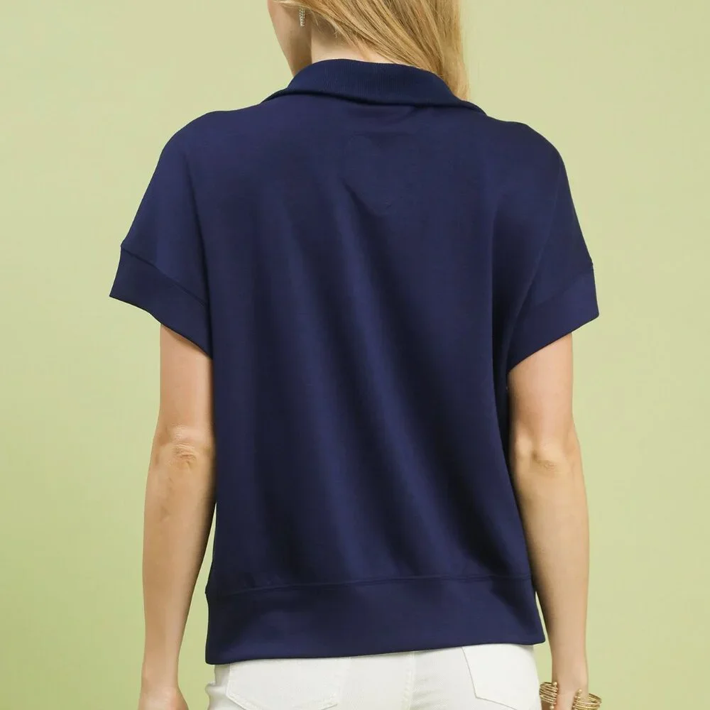 Striped Collared Neck Half-Zip Top - Navy - Picture 2 of 4